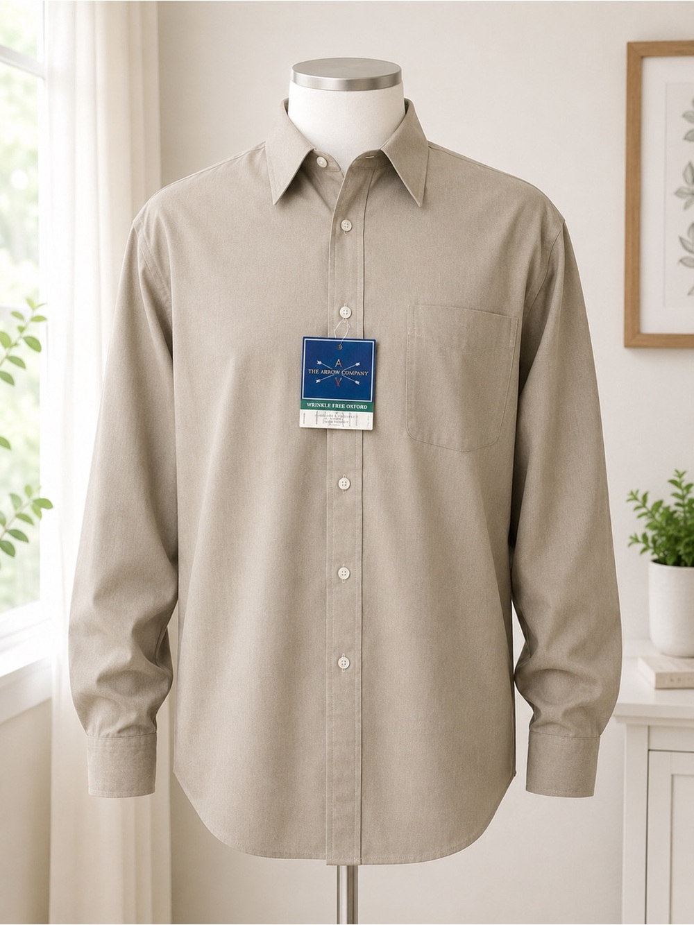 The Arrow Company Men’s XL Wrinkle Free Dress Shirt Khaki Tan Button Front NWT
